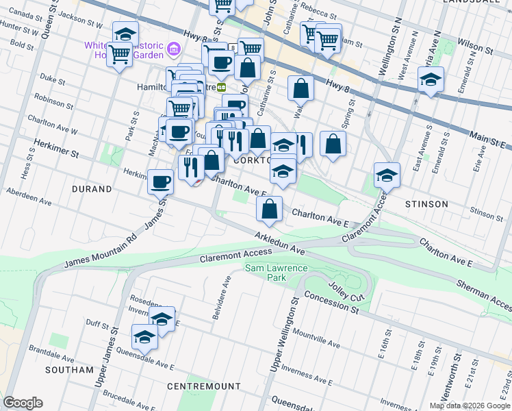 map of restaurants, bars, coffee shops, grocery stores, and more near 24 Patrick Street in Hamilton