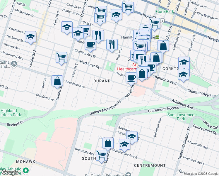 map of restaurants, bars, coffee shops, grocery stores, and more near 20 Chilton Place in Hamilton