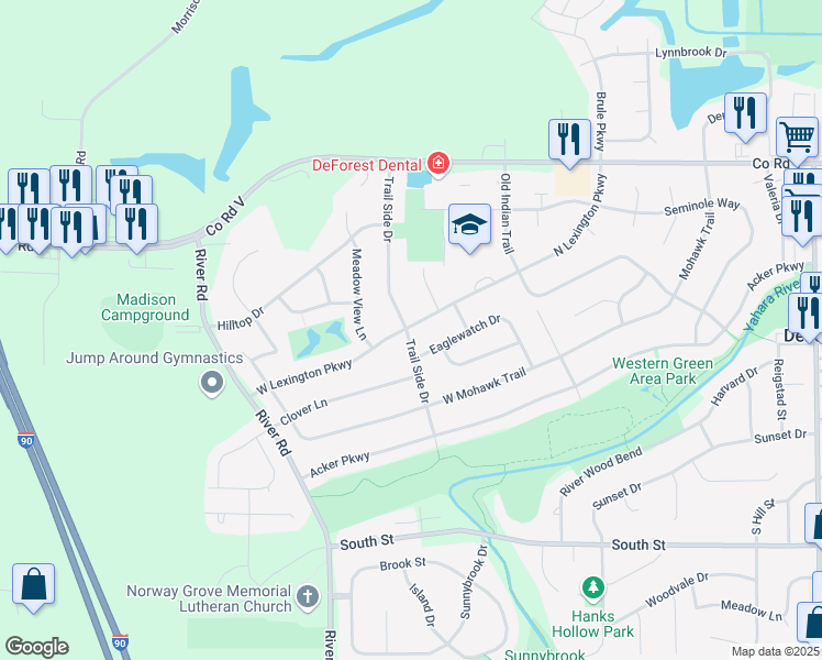 map of restaurants, bars, coffee shops, grocery stores, and more near 177 North Lexington Parkway in DeForest