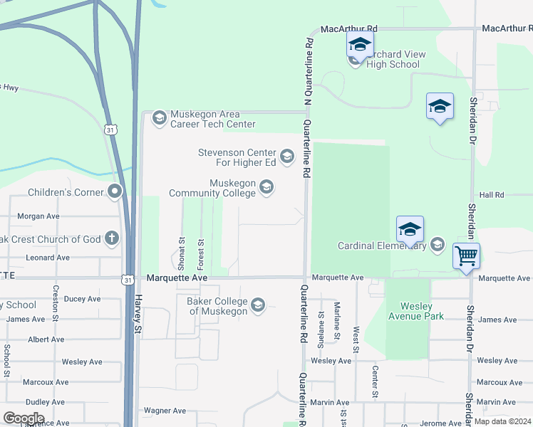 map of restaurants, bars, coffee shops, grocery stores, and more near 221 Quarterline Road in Muskegon