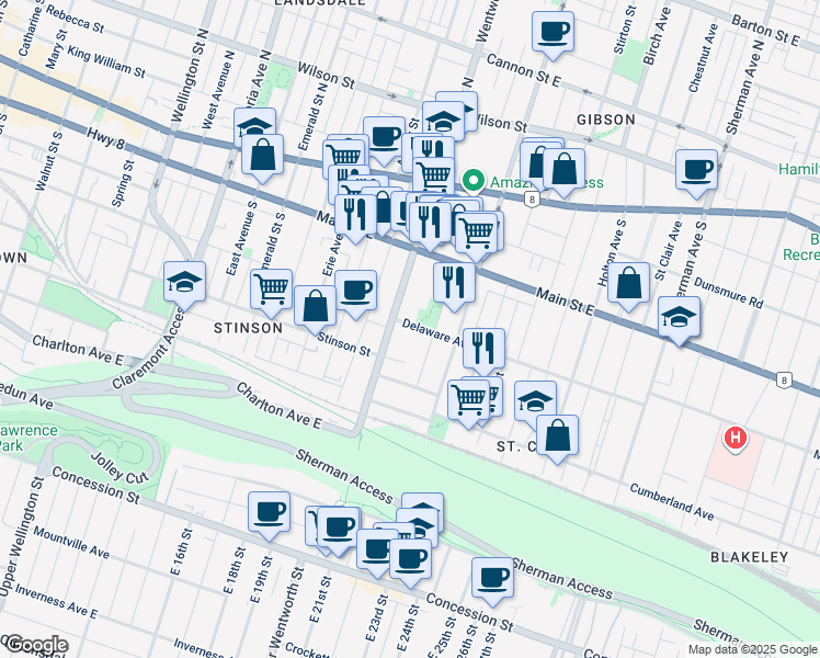 map of restaurants, bars, coffee shops, grocery stores, and more near 2 Delaware Avenue in Hamilton