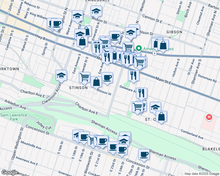 map of restaurants, bars, coffee shops, grocery stores, and more near 141 Grant Avenue in Hamilton