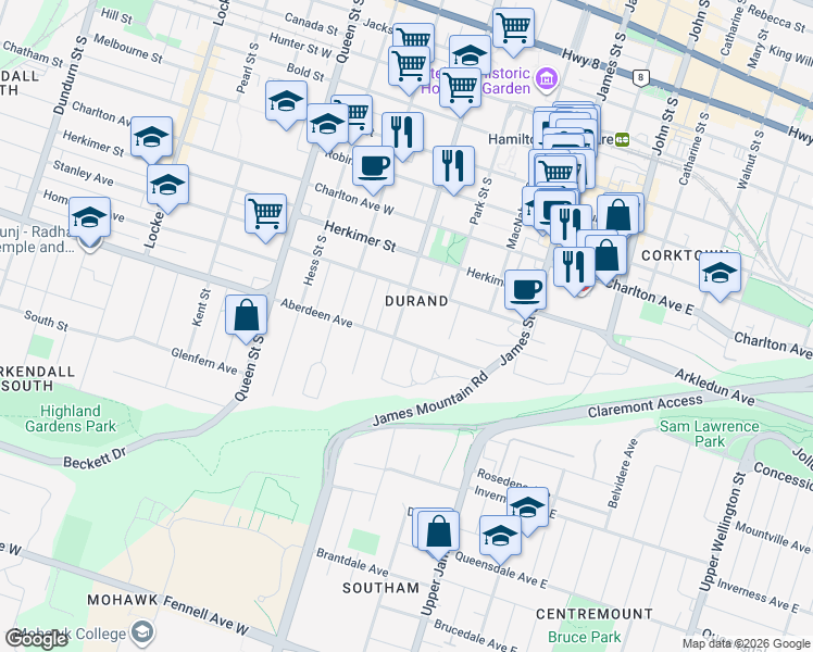 map of restaurants, bars, coffee shops, grocery stores, and more near 325 Bay Street South in Hamilton