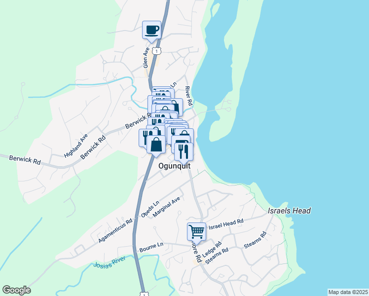 map of restaurants, bars, coffee shops, grocery stores, and more near 14 Wharf Lane in Ogunquit