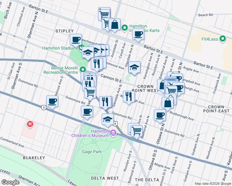 map of restaurants, bars, coffee shops, grocery stores, and more near 63 Glendale Avenue North in Hamilton