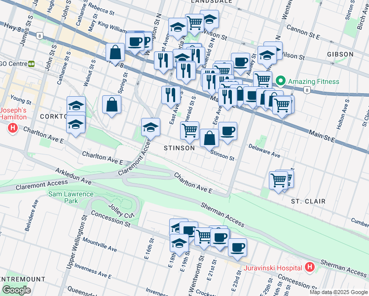 map of restaurants, bars, coffee shops, grocery stores, and more near 130 Stinson Street in Hamilton