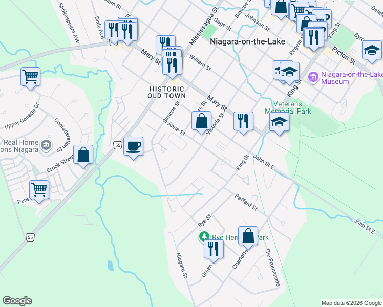 map of restaurants, bars, coffee shops, grocery stores, and more near 575 Victoria Street in Niagara-on-the-Lake