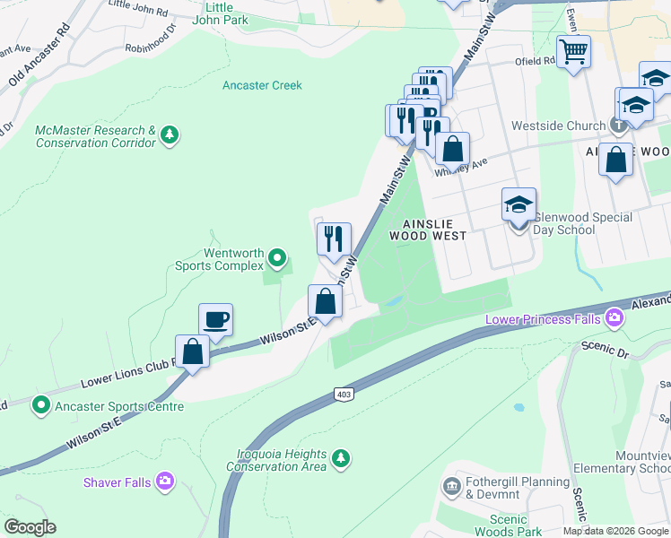 map of restaurants, bars, coffee shops, grocery stores, and more near 1960 Main Street West in Hamilton