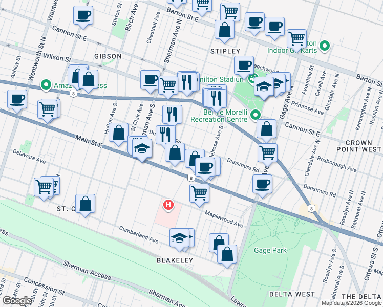 map of restaurants, bars, coffee shops, grocery stores, and more near in Hamilton