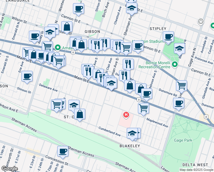 map of restaurants, bars, coffee shops, grocery stores, and more near in Hamilton