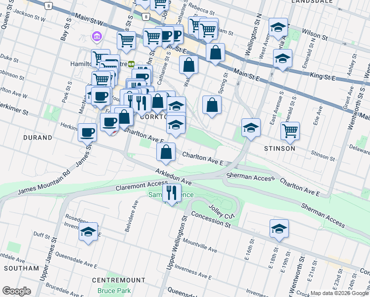 map of restaurants, bars, coffee shops, grocery stores, and more near 161 Forest Avenue in Hamilton
