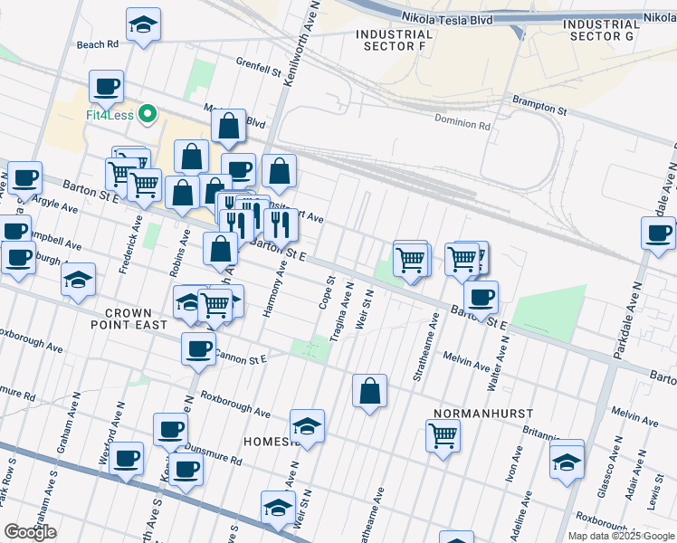 map of restaurants, bars, coffee shops, grocery stores, and more near 308 Cope Street in Hamilton