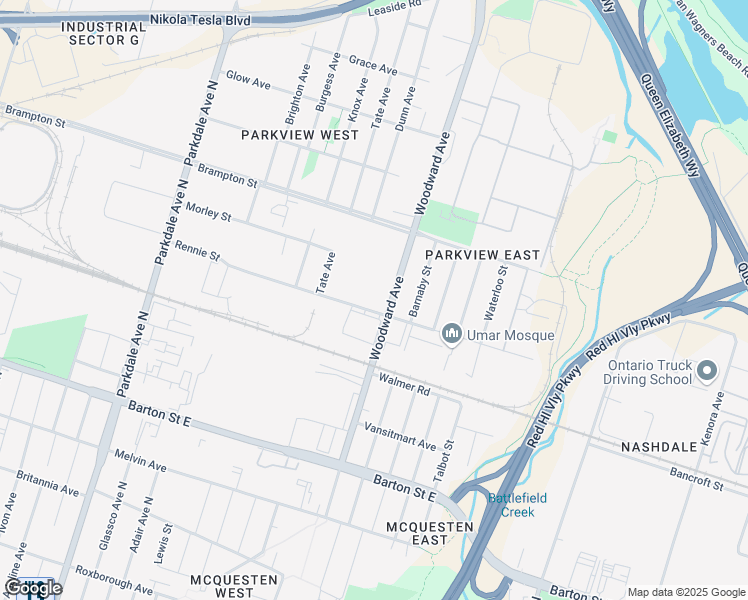 map of restaurants, bars, coffee shops, grocery stores, and more near 627 Rennie Street in Hamilton