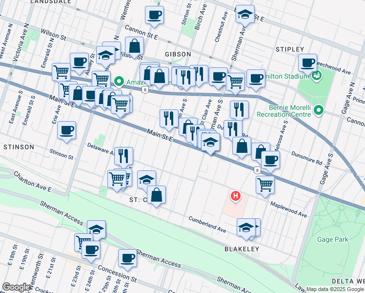 map of restaurants, bars, coffee shops, grocery stores, and more near 700 Main Street East in Hamilton