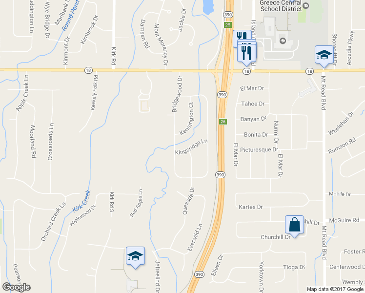 map of restaurants, bars, coffee shops, grocery stores, and more near 66 Kingsridge Lane in Rochester