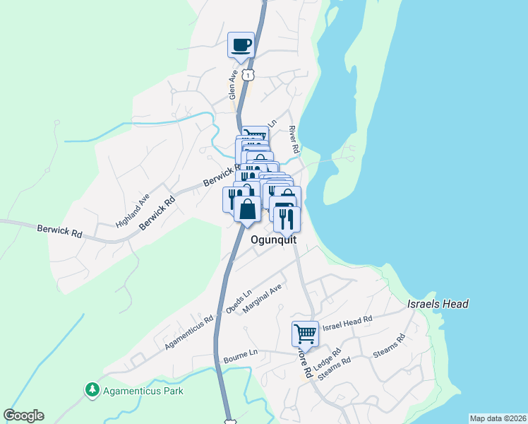 map of restaurants, bars, coffee shops, grocery stores, and more near 38 Shore Road in Ogunquit