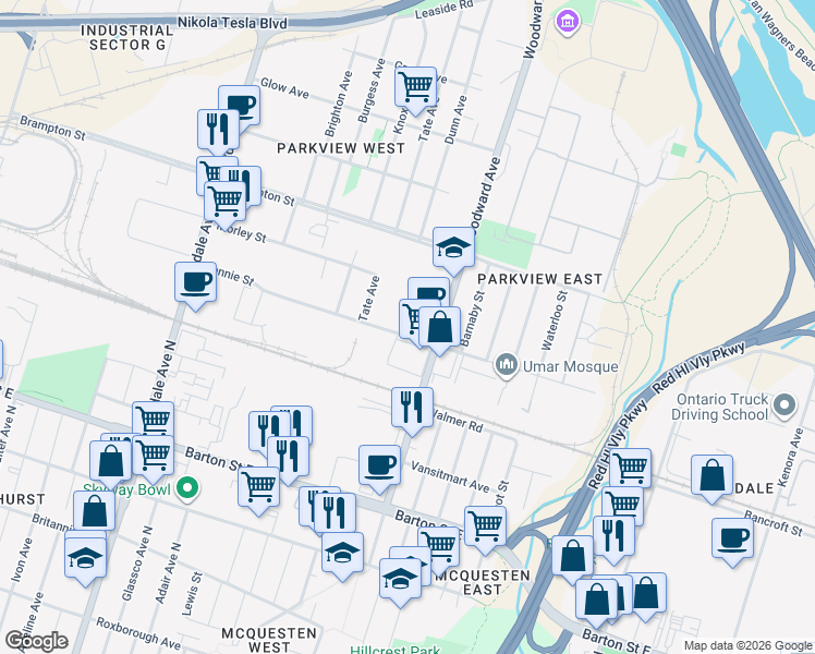 map of restaurants, bars, coffee shops, grocery stores, and more near 627 Rennie Street in Hamilton