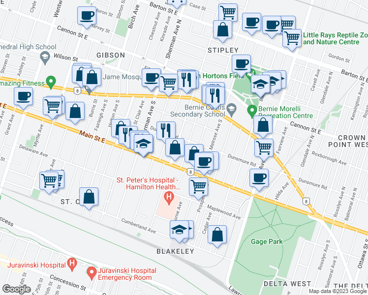 map of restaurants, bars, coffee shops, grocery stores, and more near 98 Carrick Avenue in Hamilton