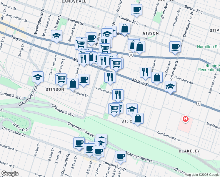 map of restaurants, bars, coffee shops, grocery stores, and more near 122 Sanford Avenue South in Hamilton
