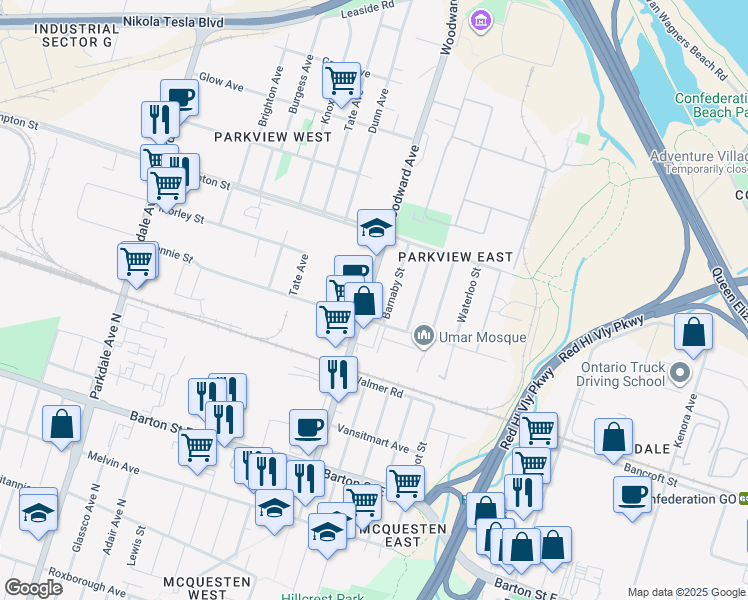 map of restaurants, bars, coffee shops, grocery stores, and more near 564 Woodward Avenue in Hamilton