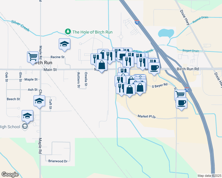 map of restaurants, bars, coffee shops, grocery stores, and more near 12139 Ulmer Road in Birch Run