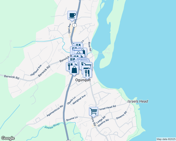 map of restaurants, bars, coffee shops, grocery stores, and more near 14 Wharf Lane in Ogunquit