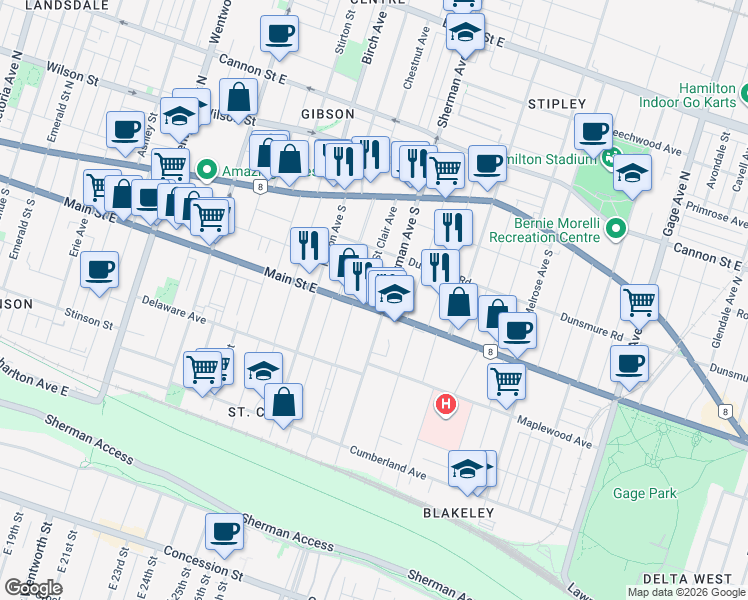 map of restaurants, bars, coffee shops, grocery stores, and more near 709 Main Street East in Hamilton