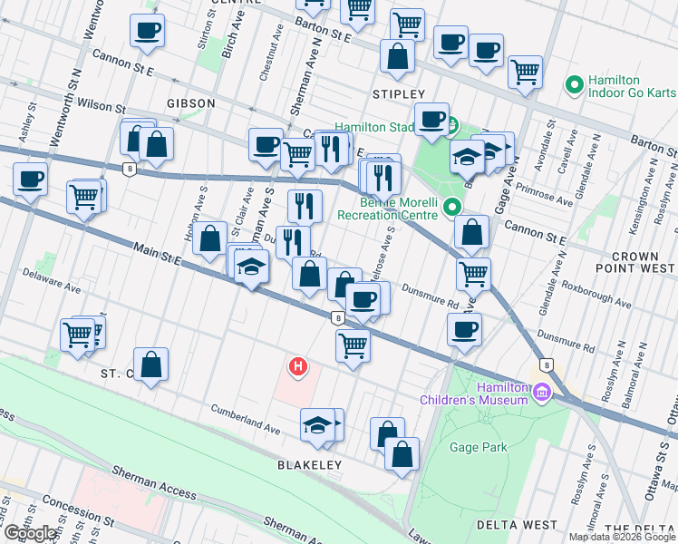 map of restaurants, bars, coffee shops, grocery stores, and more near 98 Carrick Avenue in Hamilton