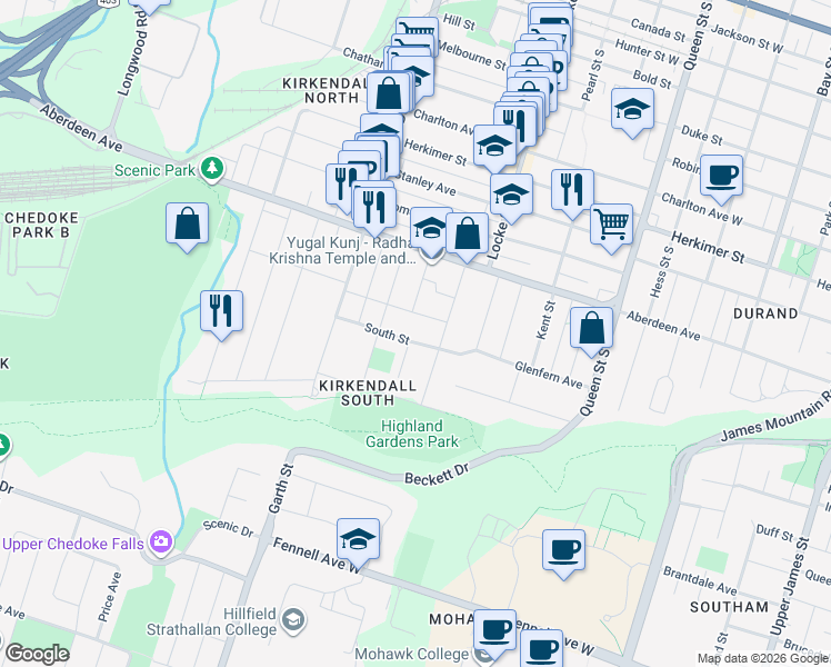 map of restaurants, bars, coffee shops, grocery stores, and more near in Hamilton