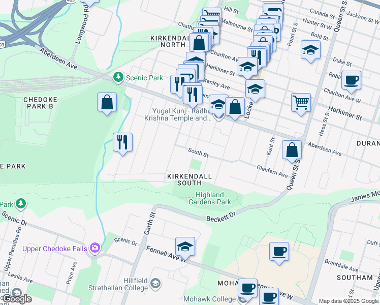map of restaurants, bars, coffee shops, grocery stores, and more near 65 South Street in Hamilton