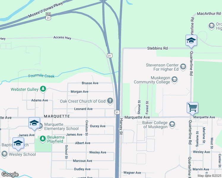 map of restaurants, bars, coffee shops, grocery stores, and more near 1538 Morgan Avenue in Muskegon