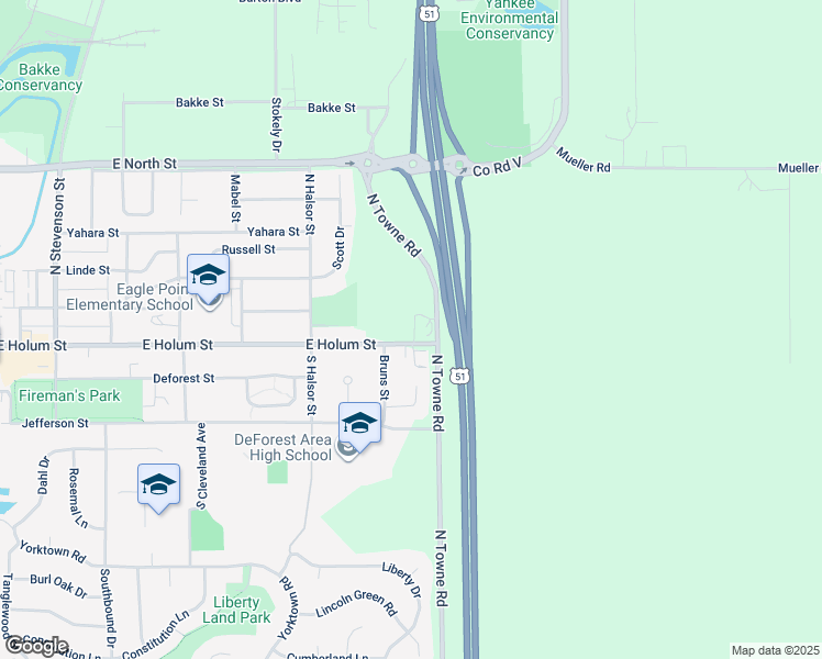map of restaurants, bars, coffee shops, grocery stores, and more near 7307 U.S. 51 in DeForest