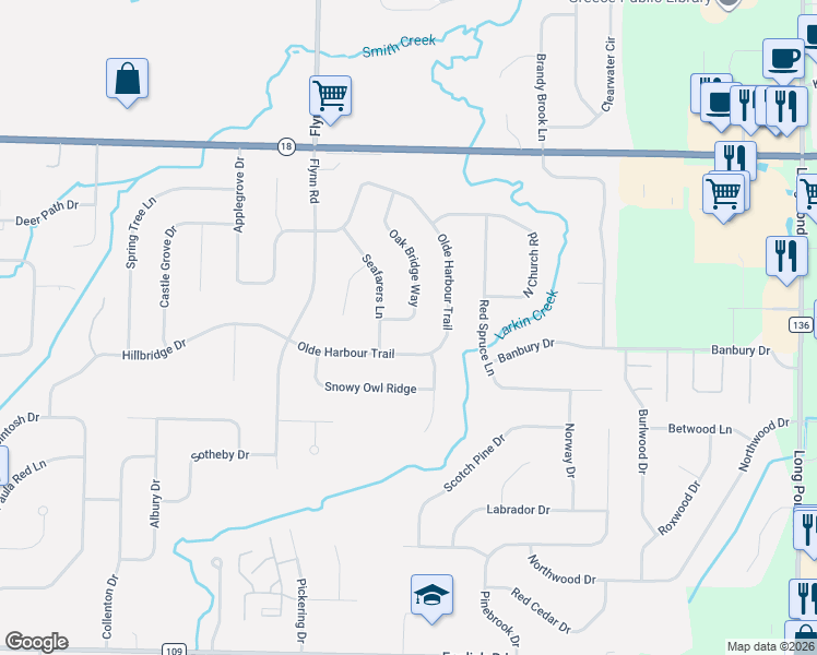 map of restaurants, bars, coffee shops, grocery stores, and more near 156 Oak Bridge Way in Rochester