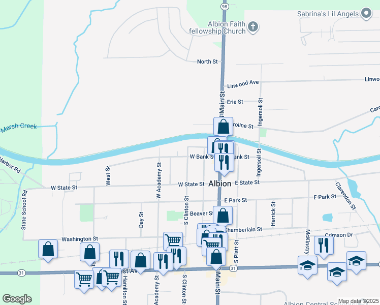 map of restaurants, bars, coffee shops, grocery stores, and more near 135 West Bank Street in Albion