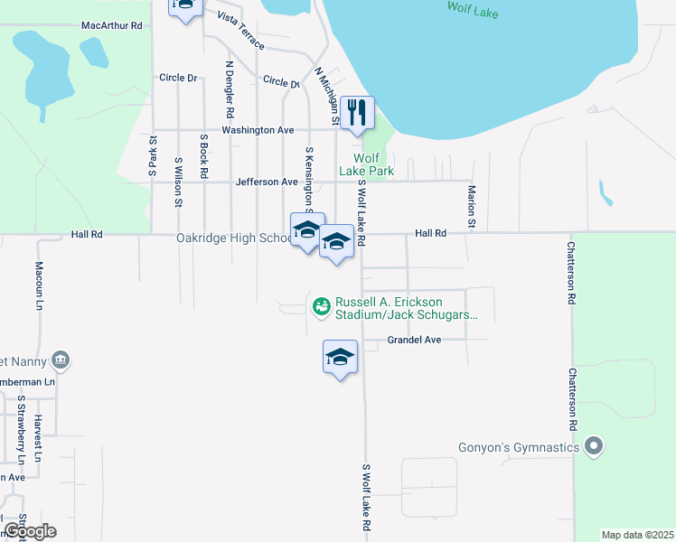 map of restaurants, bars, coffee shops, grocery stores, and more near 251 South Wolf Lake Road in Muskegon