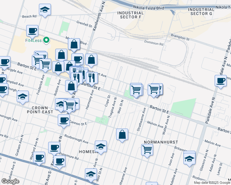map of restaurants, bars, coffee shops, grocery stores, and more near 308 Cope Street in Hamilton