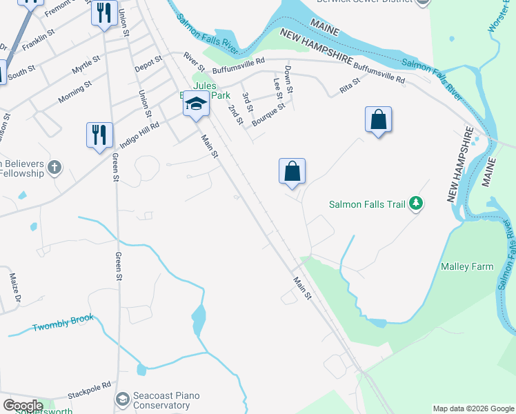 map of restaurants, bars, coffee shops, grocery stores, and more near 162 Main Street in Somersworth