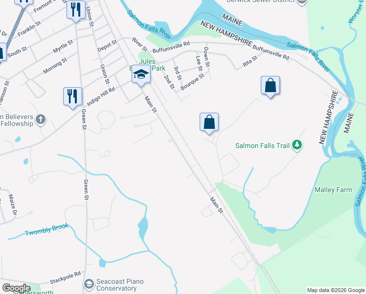 map of restaurants, bars, coffee shops, grocery stores, and more near 162 Main Street in Somersworth