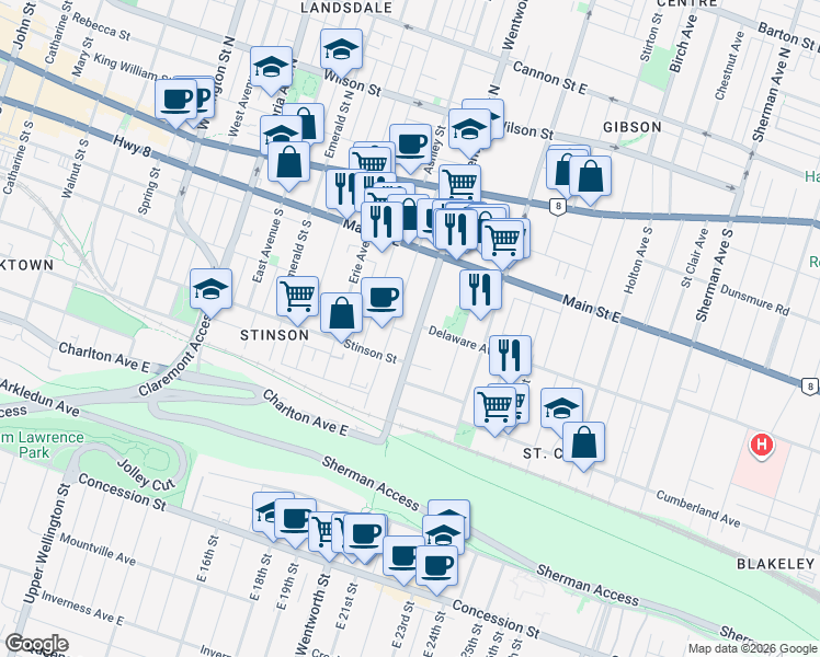map of restaurants, bars, coffee shops, grocery stores, and more near 144 Wentworth Street South in Hamilton