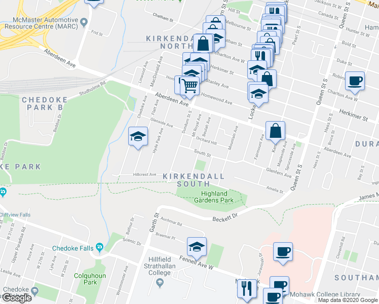 map of restaurants, bars, coffee shops, grocery stores, and more near 65 South Street in Hamilton
