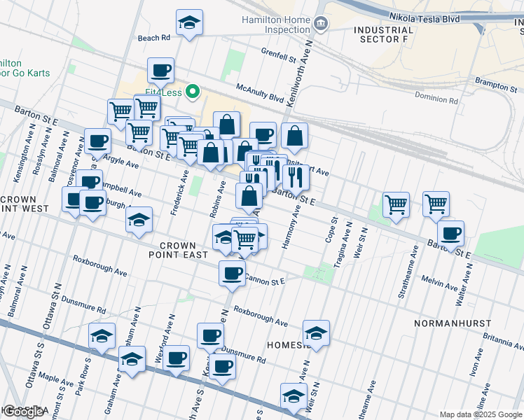 map of restaurants, bars, coffee shops, grocery stores, and more near in Hamilton