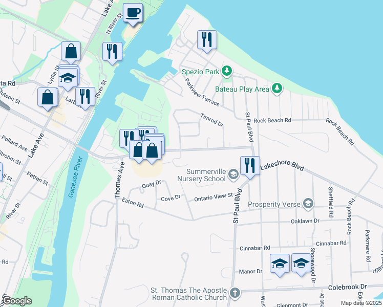 map of restaurants, bars, coffee shops, grocery stores, and more near 263 Pattonwood Drive in Irondequoit