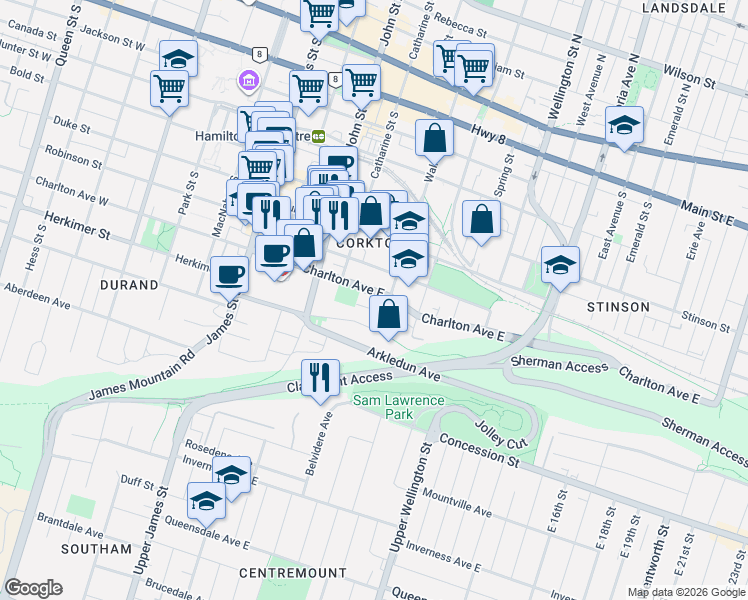 map of restaurants, bars, coffee shops, grocery stores, and more near in Hamilton