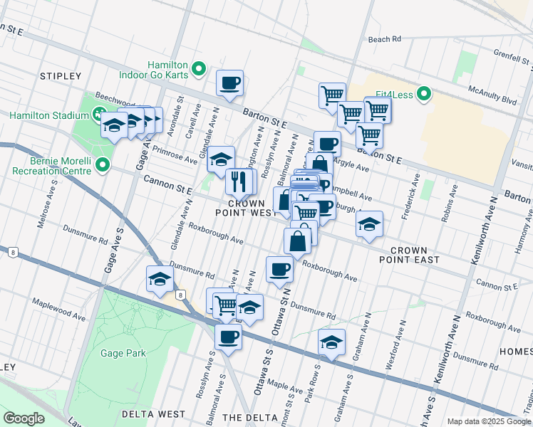 map of restaurants, bars, coffee shops, grocery stores, and more near 1129 Cannon Street East in Hamilton