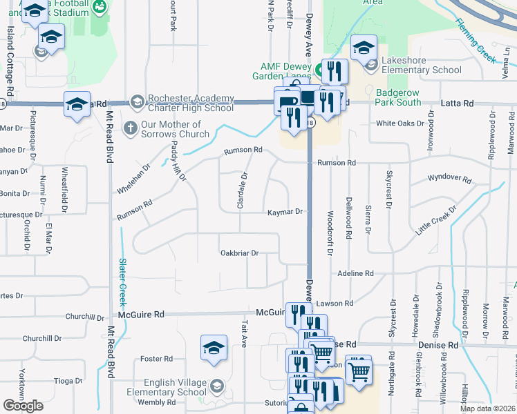 map of restaurants, bars, coffee shops, grocery stores, and more near 132 Kaymar Drive in Rochester