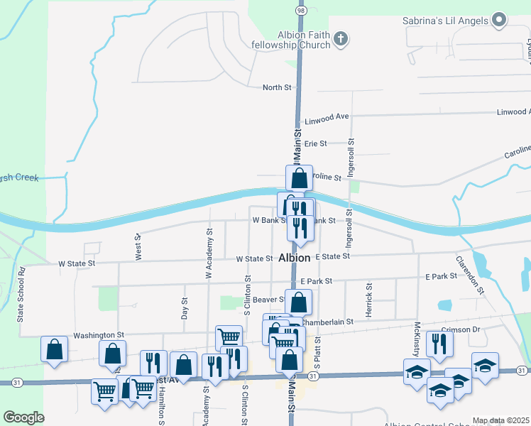 map of restaurants, bars, coffee shops, grocery stores, and more near 103 West Bank Street in Albion