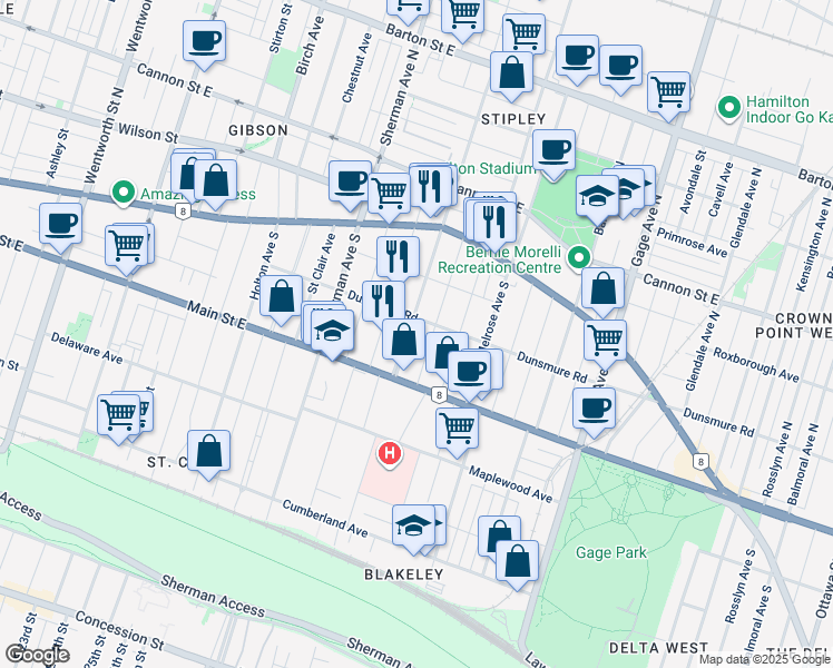 map of restaurants, bars, coffee shops, grocery stores, and more near in Hamilton
