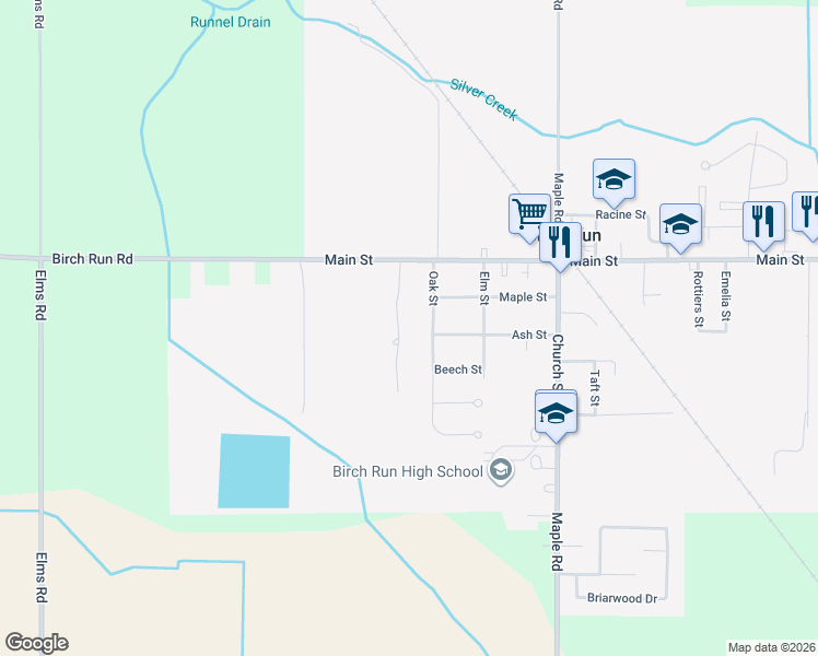 map of restaurants, bars, coffee shops, grocery stores, and more near 12141 Country Run Drive in Birch Run