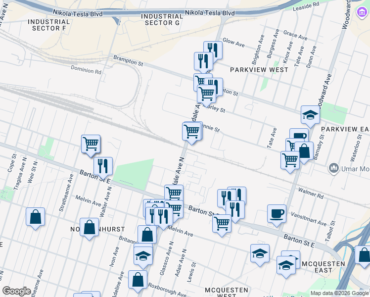 map of restaurants, bars, coffee shops, grocery stores, and more near Parkdale Avenue North in Hamilton