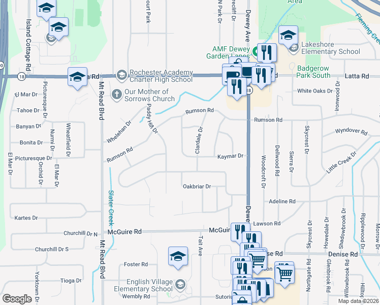 map of restaurants, bars, coffee shops, grocery stores, and more near 174 Kaymar Drive in Rochester